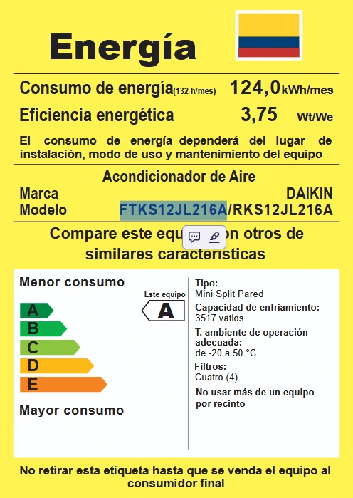 Minisplit Daikin Inverter Clase A 12000 BTU, Seer 22, 220V, Wifi Ph1 60Hz 1TR R32 JL - Tub 1/4 x 3/8 4 Minisplit Daikin Inverter Clase A 12000 BTU, Seer 22, 220V, Wifi Ph1 60Hz 1TR R32 JL - Tub 1/4 x 3/8 - Imagen 4